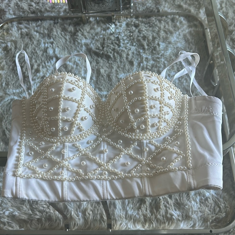 Pearls Detail Beaded Bustier Crop Cami Corset Top